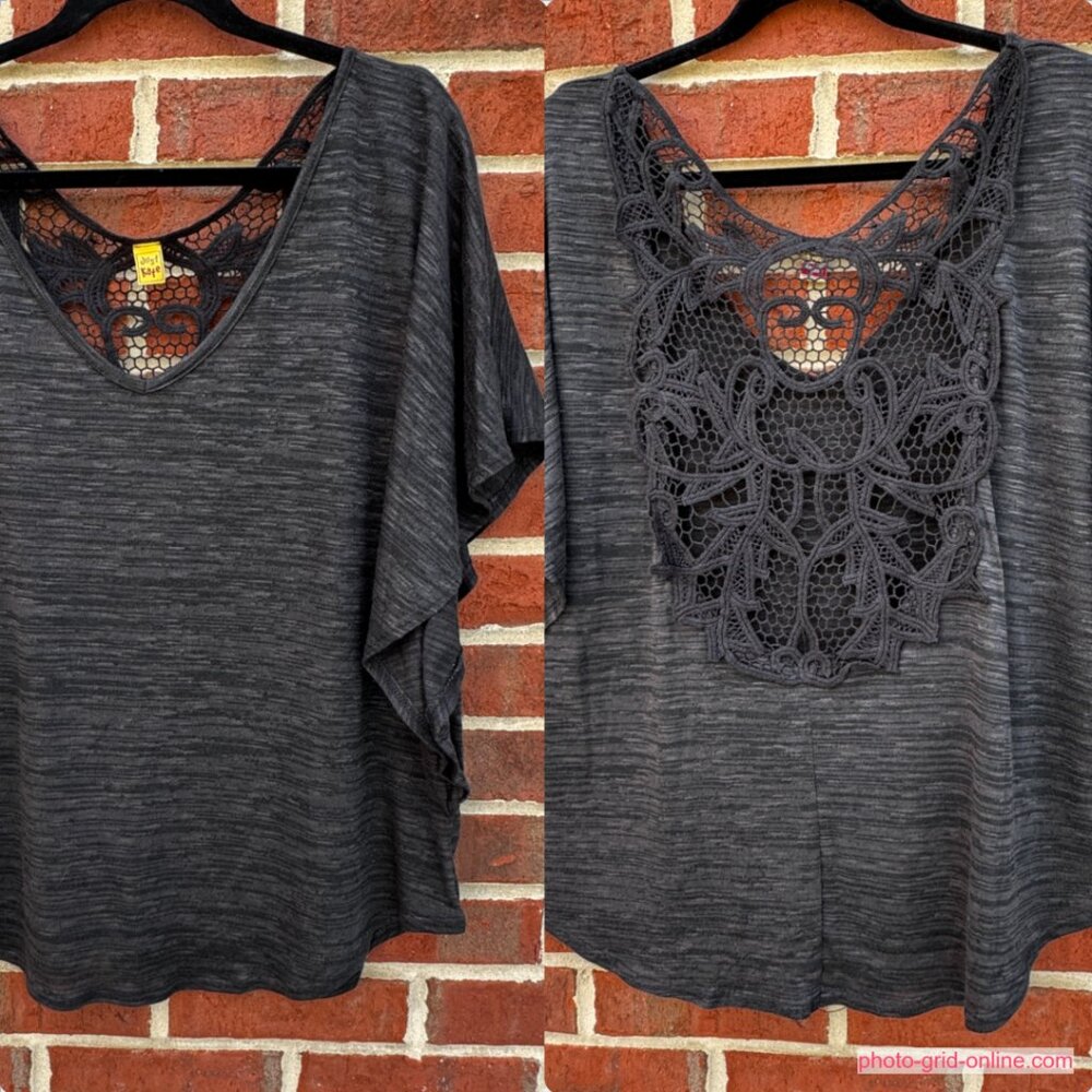Just Kate Boho Top Large Black Gray Lace Panel Back Loose Fit Festival